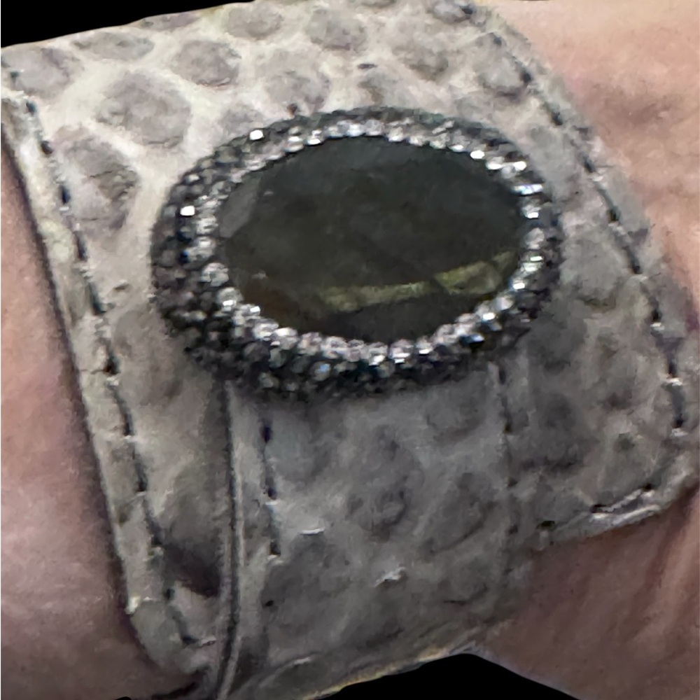 Leathercraft Snake Skin Fleur de Lis Adjustable Bracelet Rhinestone & Emerald